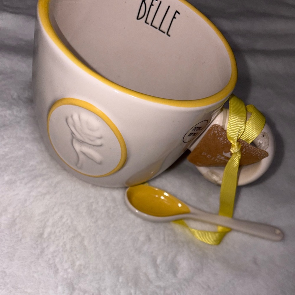 White and Yellow Mug with Spoon Rae Dunn bell mug